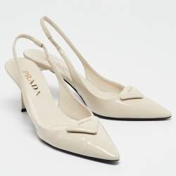 Pre Owned Prada Cream Patent Leather Logo Pointed Toe Slingback Pumps Size 36
