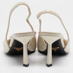 Pre Owned Prada Cream Patent Leather Logo Pointed Toe Slingback Pumps Size 36