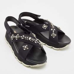 Prada Black Neoprene Crystal Embellished Flat Sandals Size 40