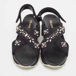 Prada Black Neoprene Crystal Embellished Flat Sandals Size 40