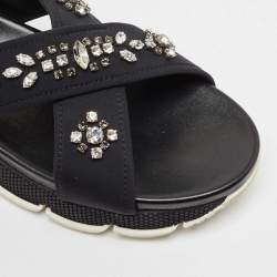 Prada Black Neoprene Crystal Embellished Flat Sandals Size 40