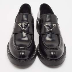 Prada Black Brushed Leather Slip On Loafers Size 38