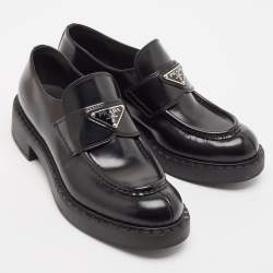 Prada Black Brushed Leather Slip On Loafers Size 38