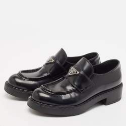 Prada Black Brushed Leather Slip On Loafers Size 38