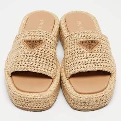 Prada Beige Raffia Triangle Logo Plaque Platform Slide Sandals Size 40