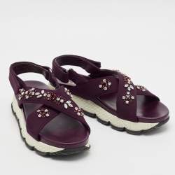 Prada Purple Fabric and Leather Crystals Cross Strap Flats Size 40.5