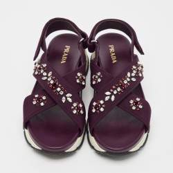 Prada Purple Fabric and Leather Crystals Cross Strap Flats Size 40.5
