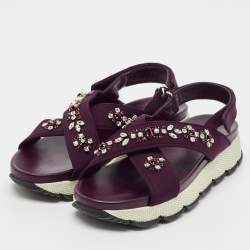 Prada Purple Fabric and Leather Crystals Cross Strap Flats Size 40.5