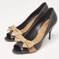 Prada Black/Brown Patent and Leather Bow Peep Toe Pumps Size 40.5