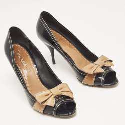 Prada Black/Brown Patent and Leather Bow Peep Toe Pumps Size 40.5