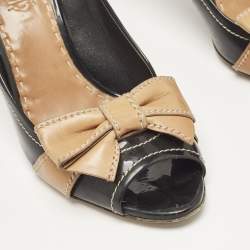 Prada Black/Brown Patent and Leather Bow Peep Toe Pumps Size 40.5