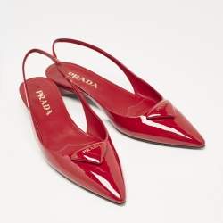 Prada Red Patent Leather Triangle Logo Slingback Ballet Flats Size 38