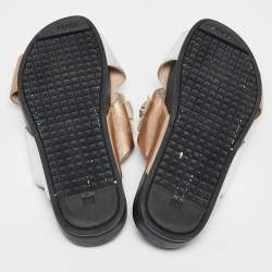 Fendi Silver/Gold Leather Flowerland Slide Flat Sandals Size 37