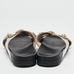 Fendi Silver/Gold Leather Flowerland Slide Flat Sandals Size 37