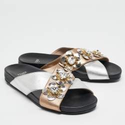 Fendi Silver/Gold Leather Flowerland Slide Flat Sandals Size 37