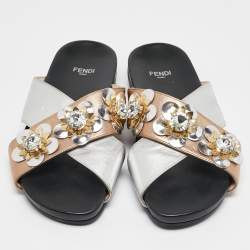 Fendi Silver/Gold Leather Flowerland Slide Flat Sandals Size 37