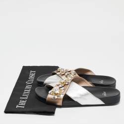 Fendi Silver/Gold Leather Flowerland Slide Flat Sandals Size 37