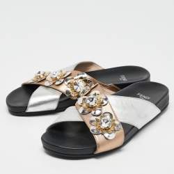 Fendi Silver/Gold Leather Flowerland Slide Flat Sandals Size 37