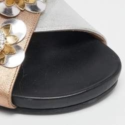 Fendi Silver/Gold Leather Flowerland Slide Flat Sandals Size 37