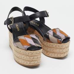 Prada Multicolor Leather and Suede Cork Espadrille Platform Ankle Strap Sandals Size 36