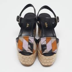 Prada Multicolor Leather and Suede Cork Espadrille Platform Ankle Strap Sandals Size 36