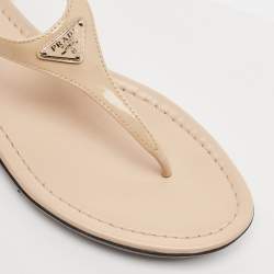 Prada Beige Patent Leather Triangle Logo Thong Flat Sandals Size 37