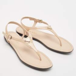 Prada Beige Patent Leather Triangle Logo Thong Flat Sandals Size 37