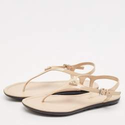 Prada Beige Patent Leather Triangle Logo Thong Flat Sandals Size 37