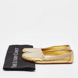 Prada Cream/Gold Leather Slip On Loafers Size 36.5