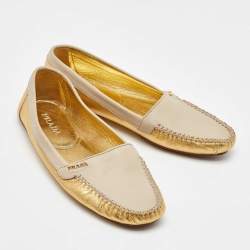 Prada Cream/Gold Leather Slip On Loafers Size 36.5