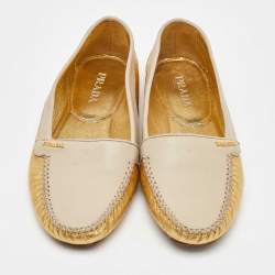 Prada Cream/Gold Leather Slip On Loafers Size 36.5