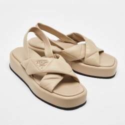 Prada Beige Quilted Leather Slingback Platform Sandals Size 39.5