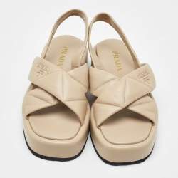 Prada Beige Quilted Leather Slingback Platform Sandals Size 39.5