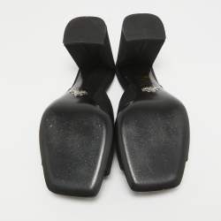 Pre Owned Prada Black Satin Logo Plaque Block Heel Slide Sandals Size 39.5
