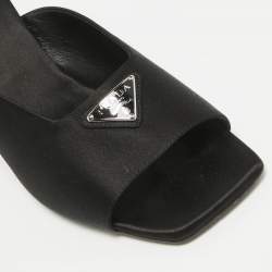 Pre Owned Prada Black Satin Logo Plaque Block Heel Slide Sandals Size 39.5