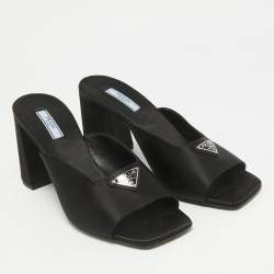 Pre Owned Prada Black Satin Logo Plaque Block Heel Slide Sandals Size 39.5