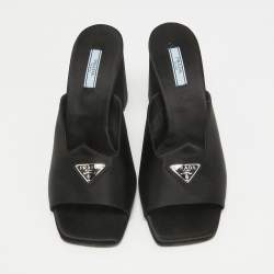 Pre Owned Prada Black Satin Logo Plaque Block Heel Slide Sandals Size 39.5