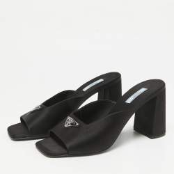 Pre Owned Prada Black Satin Logo Plaque Block Heel Slide Sandals Size 39.5
