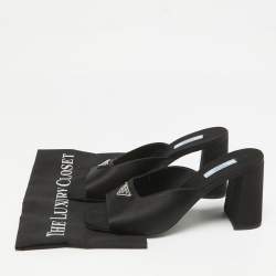 Pre Owned Prada Black Satin Logo Plaque Block Heel Slide Sandals Size 39.5