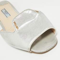 Prada Silver Saffiano Leather Slide Flats Size 38.5