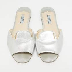 Prada Silver Saffiano Leather Slide Flats Size 38.5