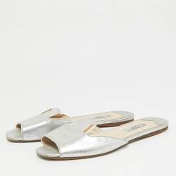 Prada Silver Saffiano Leather Slide Flats Size 38.5