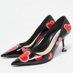 Prada Black Patent Leather Love Printed Pointed Toe Pumps Size 38.5