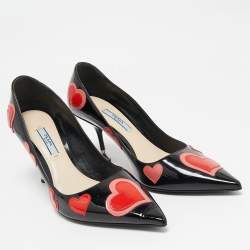 Prada Black Patent Leather Love Printed Pointed Toe Pumps Size 38.5