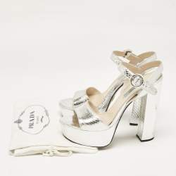Prada Silver Python Embossed Leather Platform Ankle Strap Sandals Size 39
