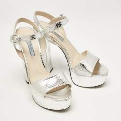 Prada Silver Python Embossed Leather Platform Ankle Strap Sandals Size 39