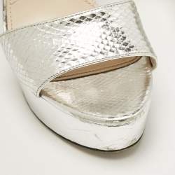 Prada Silver Python Embossed Leather Platform Ankle Strap Sandals Size 39