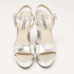 Prada Silver Python Embossed Leather Platform Ankle Strap Sandals Size 39