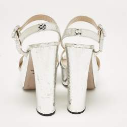 Prada Silver Python Embossed Leather Platform Ankle Strap Sandals Size 39