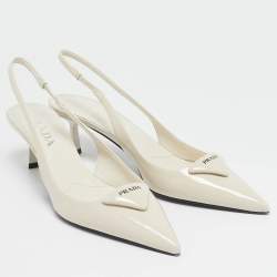 Pre Owned Prada Ivory Patent Leather Slingback Pumps Size 38.5